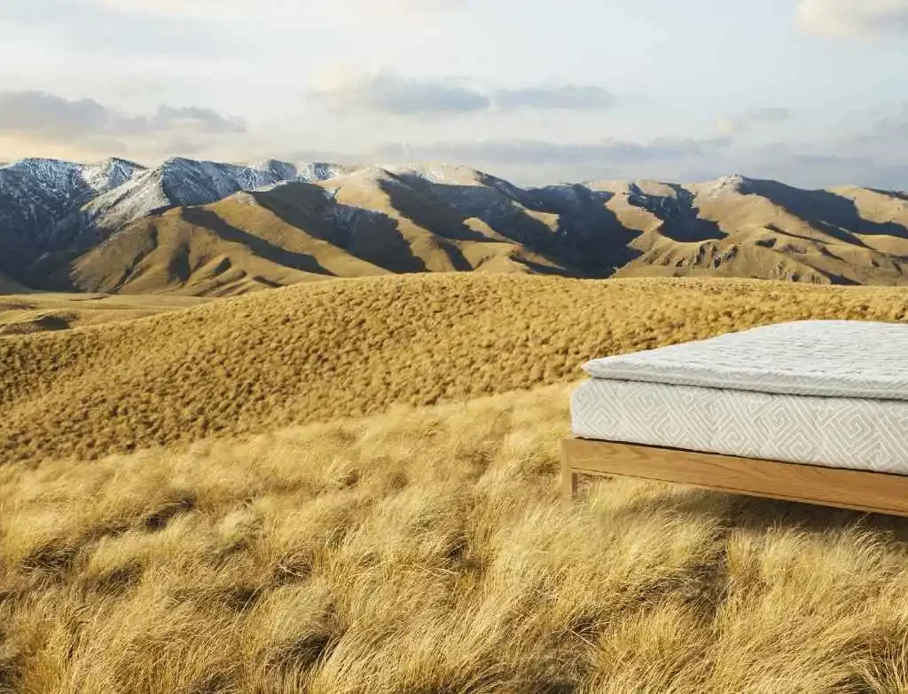 A luxurious orthopedic bed nestled in the breathtaking mountains of New Zealand's South Island.
